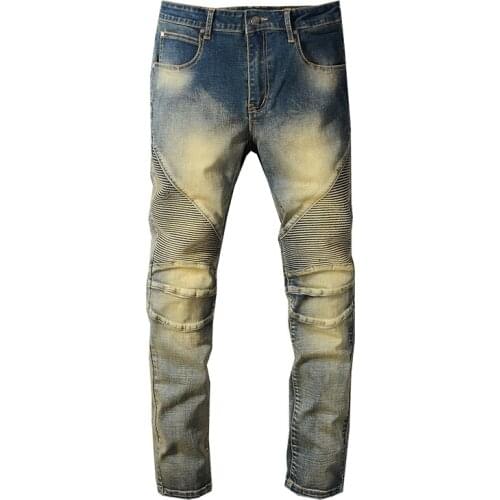 New mens male trousers Autumn and winter yellow distressed retro slim jeans knee three-dimensional folds motorcycle pants 1084