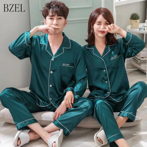 BZEL Couple Pajama Set Silk Satin Pijamas Long Sleeve Sleepwear His-and-her Home Suit Pyjama For Lover Man Woman Lovers' Clothes