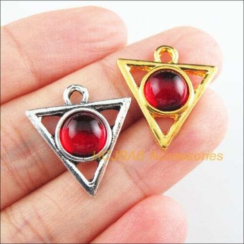 10 New Triangle Charms Red Glaze Pendants Tibetan Silver Tone & Gold Color 19.5x21mm