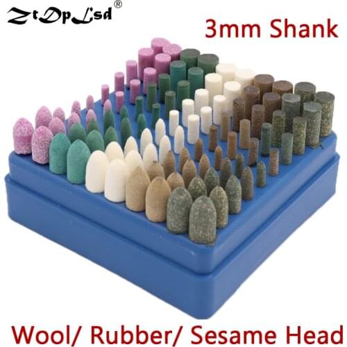 100PCS 5 Assorted 3MM Shank Mounted Point Sesame Grinding Head Rubber Elastomer Sponge Wheel Bullet Rust Metal Polish Mirror