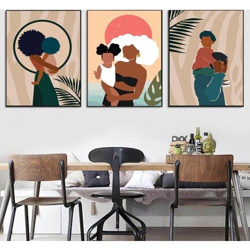 Black Skin Father Son Posters and Prints Mother with Daughter Oil Painting On Canvas For Living Room Home Decor canvas painting
