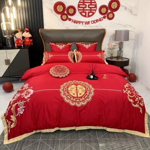 Luxury Chinese Wedding Bedding Set 60S Satin Silk Cotton Flower Embroidery Quilt Cover Bed Comforter Set Bed Linen Pillowcases