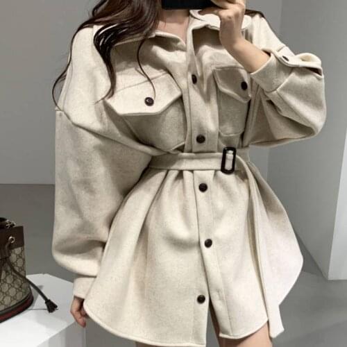 Chic drawstring fino casaco de cintura vintage elegante turn-down colarinho solto jaquetas femininas outono inverno único breast