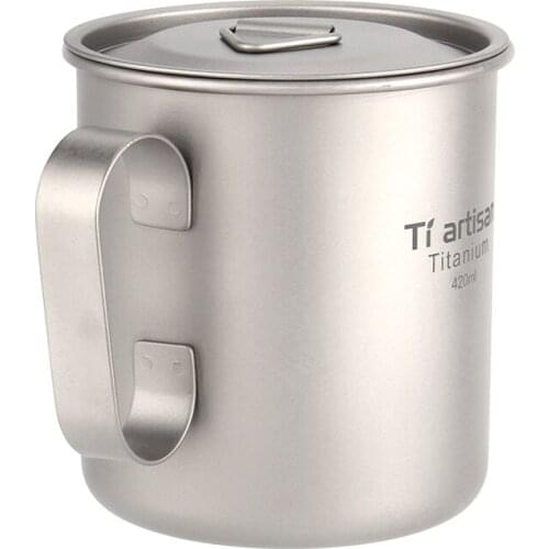 420ml Tiartisan Titanium Cup Coffee Tea Mug Ultralight Metal Milk Mug Fixed Handle Drinkware For Home or Outdoor With Lid Ta8353