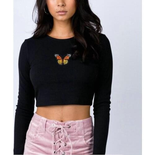 Butterfly Print Long Sleeve Hoddies Casual Short T Shirt Pulloever Basic Tops Women Harajuku Round Neck Chic Streetwear Tops