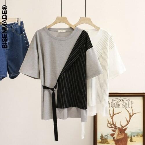 Women Summer T-shirt Lady Tees Female Short Sleeve Tops Asymmetry Stripe Splice False Two Pieces Fashion Oversize H5-842