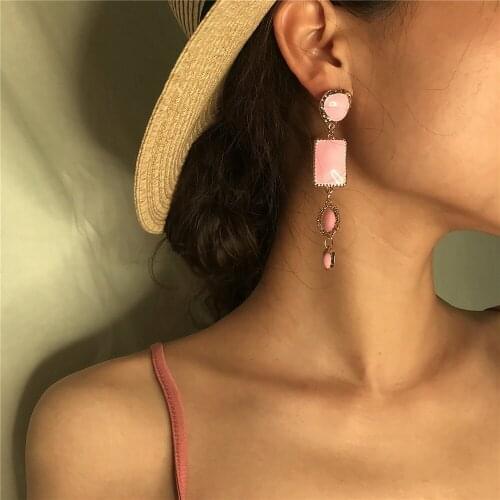 Boho Geometric Pink Stone Gold Border Drop Earrings For Women Gold Punk Dangle Earring Brincos Statement Jewelry Party Gift