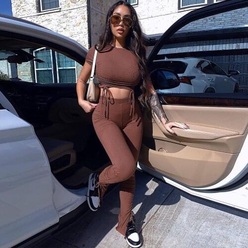 Womens Tracksuit Ruched Drawstring Short Sleeve Crop Top and Split Hem Flare Bell Bottom Pant Summer Stretchy Two Piece Suits