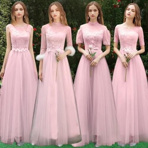 Beauty Emily Pink Lace Bridesmaid Dresses 2020 Long A-line Wedding Party Gown Formal Dress Robe De Soiree
