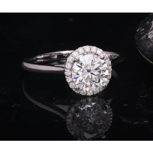 DF Color Round Brilliant Cut 1.0ct 6.5mm Moissanite Halo Engagement Ring 18K AU750 White Gold For Women