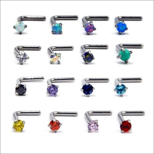 1pcs Stainless Steel 90 degree CZ Gem&Opal L shape nose ring Charming 16 Color Crystal Screw Nose Bone Body Piercing Retainers