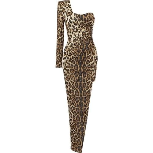 2021 christimas women new arrival fashion one shoulder long sleeve leopard-print dresses wholesale