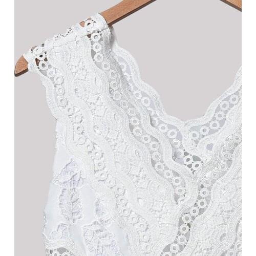 2021 Summer Womens Sleeveless Dress Lace Stiching Hollow Out Midi Dress Ladies V-Neck Sweet Long Robes Dress