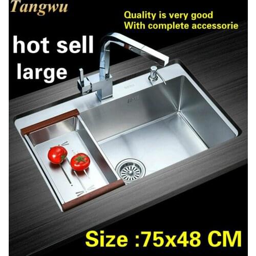 Free shipping Hot sell luxury big kitchen manual sink single trough food grade durable 304 stainless steel standard 750x480 MM