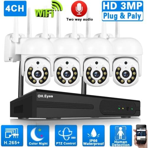 3MP Wireless Home Security Camera System Outdoor Color Night Vision Wifi PTZ IP Surveillance Camera Set 4CH NVR Kit CCTV System