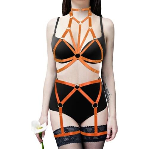 Exotic Sets 2 Pcs Set Woman BDSM Body Harness Bondage Erotic Lingerie Gothic Sexy High Neck Tops Straps Waistband Garter Belts