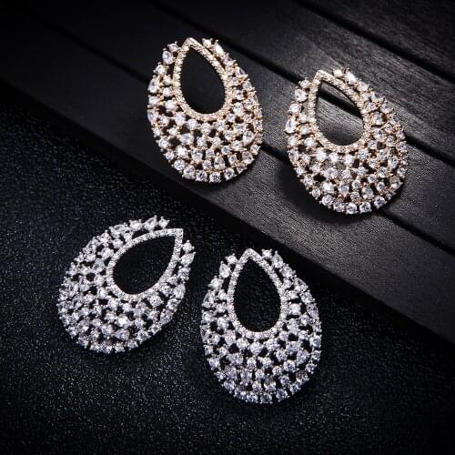 EYER Unique big Shine Charm Fashion Hollow Earrings For Women Wedding Party Luxury Stud Zircon Earrings anillos grandes de mujer