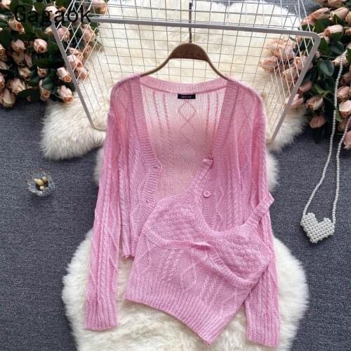 Gagaok Sweet Two Piece Set 2021 Summer New Solid V-Neck Full Knitted Fashion Korean Chic Wild Outfits Solid Camis + Cadigans
