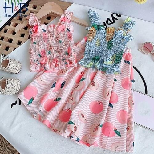 Humor Bear Girl Clothes Suit Sleeveless Vest +Fruit Printed Skirt 2PCS Casual Toddler Kids Clothes