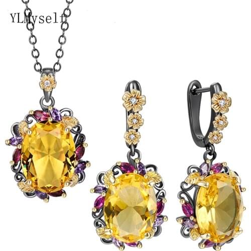 Beautiful Necklace/Earrings Sets With Big Oval Yellow Gold Zircon Gun Black 2 Tone Plating 2pcs Jewelry Sets for Women
