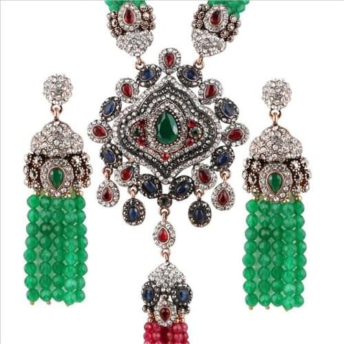 Morocco Caftan Bead Wedding Jewelry Set Antique Gold Color Full Crystal Long Drop Earring Tassel Pendant Necklace Ethnic Vintage