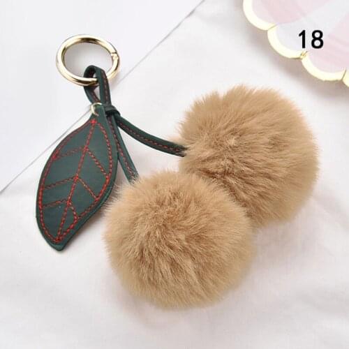 Cute Cherry Artificial Rabbit Fur Ball Keyring Keychain Pompom Leaf Handbag Pendant Car Holder Accessories