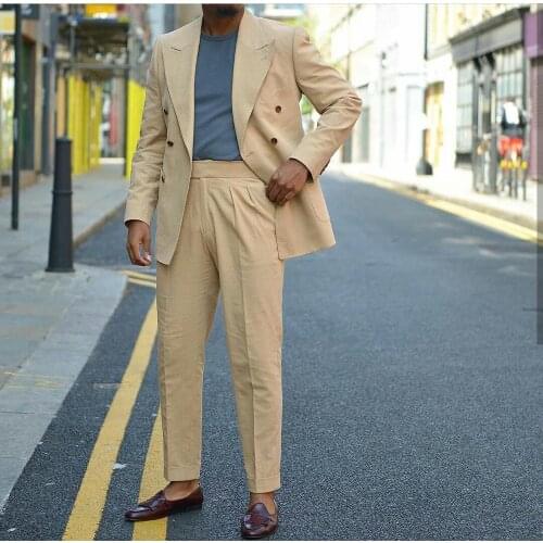 Fashion Khaki Men Tuxedos Peaked Lapel Best Men Suits Blazer Slim Fit Groom Dress Prom Party Suits 2 Pieces (Jacket+Pants)