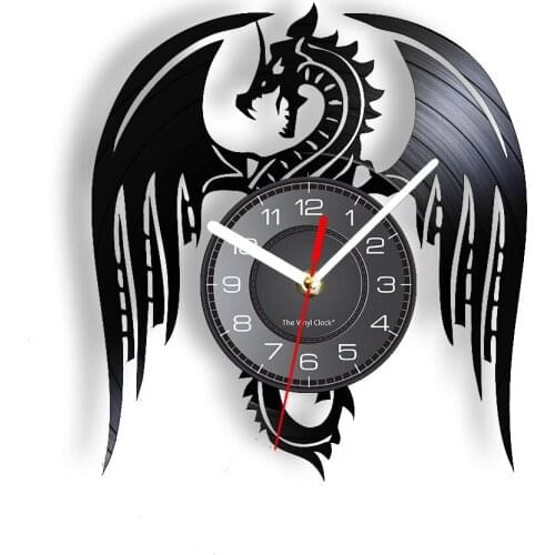 Dragon Wall Clock Made Of Re-purposed Vinyl Album Flying Dragon Vintage Animal Wall Watch Laser Cut Longplay Wall Art Decor Chic