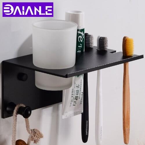 Black Toothbrush Holder Cup Tumbler Holder Wall Mounted Bathroom Shelves with Hook Space Aluminum Toothbrush Holder Set Creative