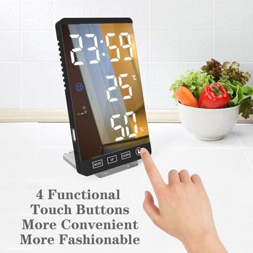 New 6 Inch LED Mirror Alarm Clock ,Touch Button Wall Digital Clock Time Temperature Humidity Display USB Output Port Table Clock