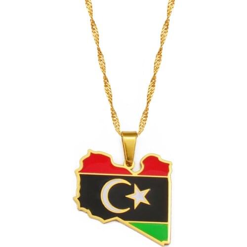 Anniyo Libya Map Flag Pendant Necklace for Women Men Gold Color Jewelry Libya Country Map #244121