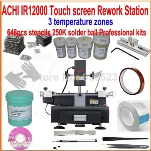 New ACHI IR12000 bga rework station 3 heat zones IR motherboard soldering machine + 648pcs bga stencils kit 250K solder ball