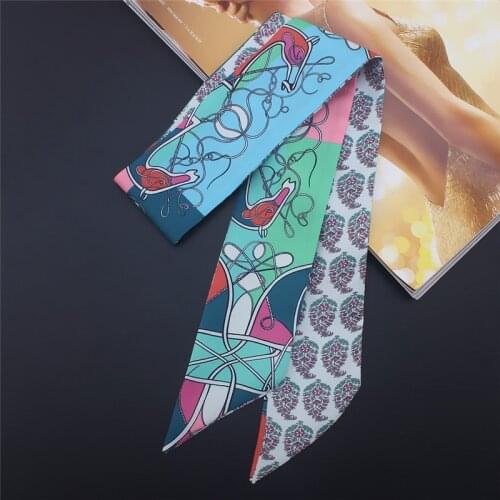 POBING Paisley Carriage Print Twill Silk Scarf Women Head Scarf Brand Small Tie Handle Bag Ribbon Scarves Female Wraps 100*5CM