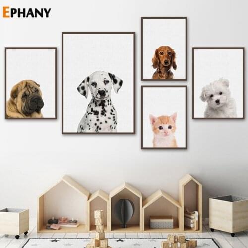 Kawaii Animal Cat Dog Poster Prints Wall Art Canvas Painting Nursery Kitten Puppy Decoration Picture Nordic Kids Room Decor