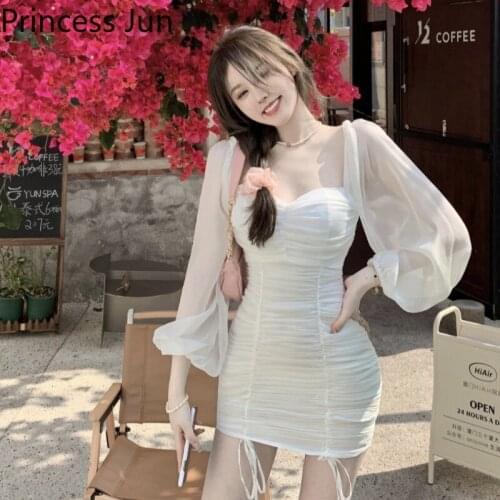 Sexy Summer Pink White Mini Sexy Dress Square Collar Pleated Drawstring Pencil Sheath Dress Puff Sleeve Slim Club Party Dress