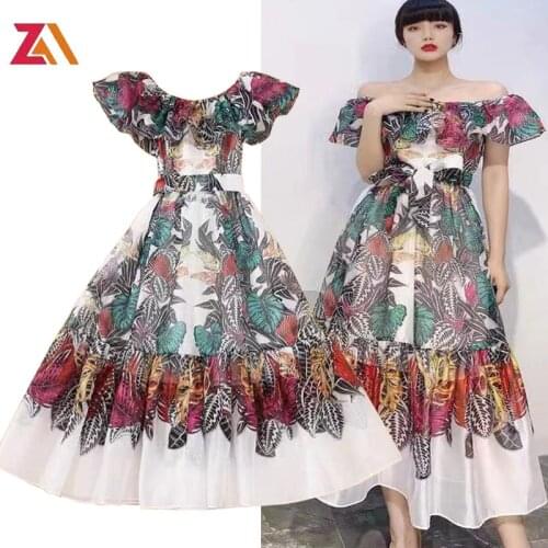 ZALady summer party evening midi-long dresses for women Leaf print elegant ruffles short sleeve slash neck beach holiday dress