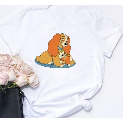 Lady and the Tramp Dog Love Print T Shirts Summer Short Sleeve Casual White Loose Tshirts O-neck Streetwear Women Tees Tops