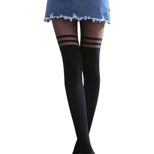 Women Sexy Cool Stockings Over The Knee Double Stripe Sheer Black Temptation Sheer Mock Suspender Pantyhose Tights