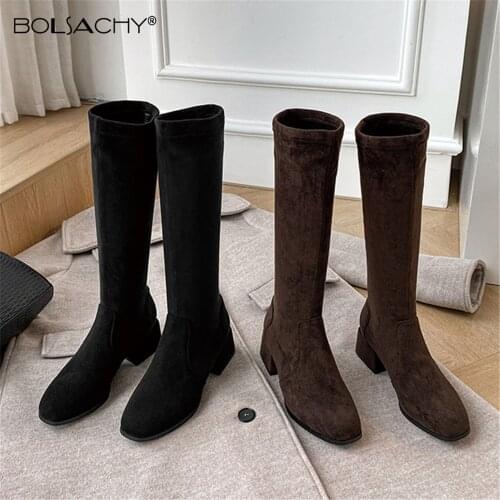 2021 Woman Knee high boots knight boots 4.5cm Mid Heels Ladies Slip-on Knee high Boots plus size 33-43 wide leg Long shoes Black