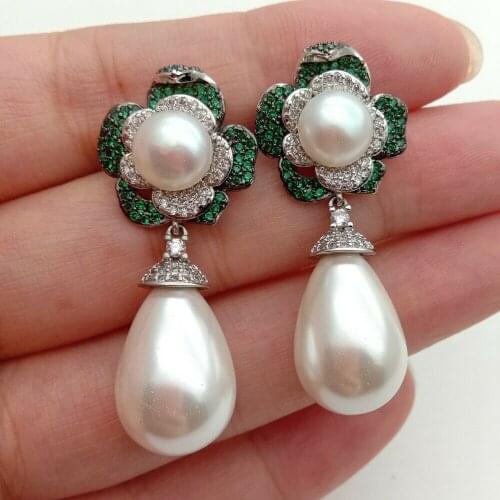 Woman 12x15mm white shell teardrop pearl micro inlay zircon green blue purple flower accessories stud earrings luxury