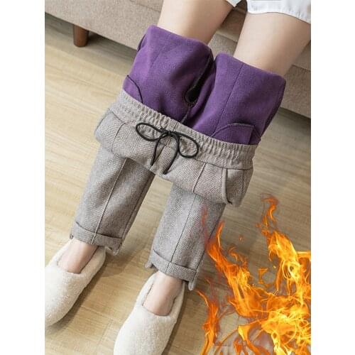 SVOKOR Winter Warm Harlan Pants Women Plus Velvet Thickening Pants Korean Casual Trouse Woolen Houndstooth Pants Free Shipping