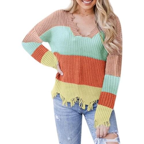 Womens autumn and winter torn hole sweater womens casual V-neck striped color matching irregular sweater Fashion en