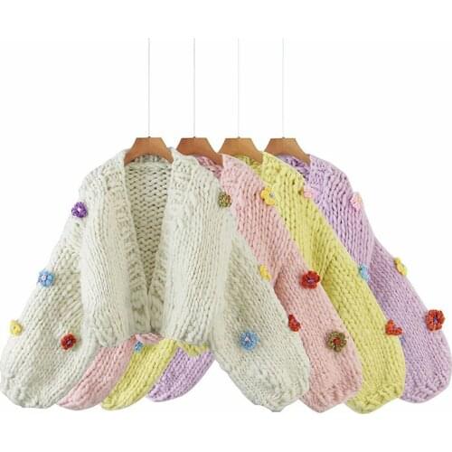 XIKOM 2021 Women Handmade Flowers Sweater Short Coat Vintage Lantern Sleeve Thick Knit Cardigan Female Autumn Winter Outwear