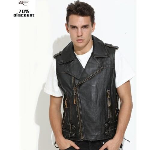 2020 Vintage Black Men Slim Fit Bikers Leather Vest Plus Size 3XL Genuine Cowhide Autumn American Motorcycle Vest FREE SHIPPING