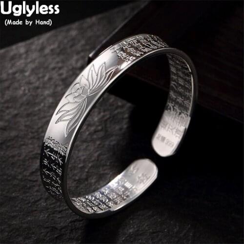 Uglyless 1 Piece Women Heart Sutra Bangles Adjustable Real 99.9% Fine Silver Lotus Glossy Bangle Concave Convex Bracelet Jewelry