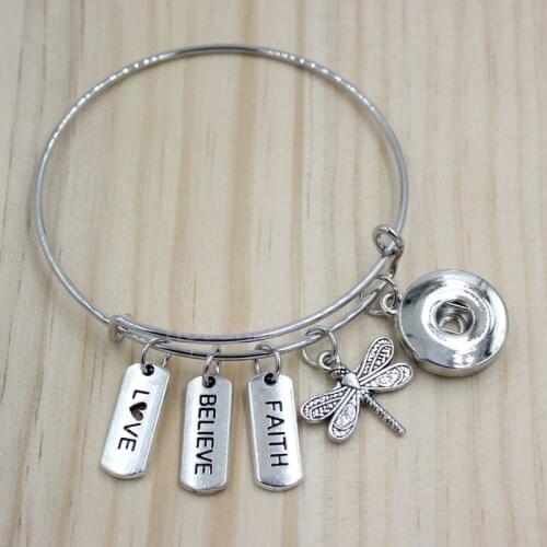 10PCS Wholesale 18mm Snap Jewelry Dragonfly Bracelet Believe Faith Charm Bracelets Expandable Bangle Snap Bracelets Gifts