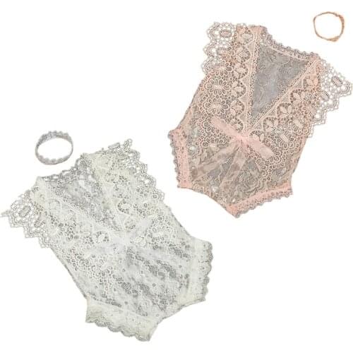 2 Pcs/Set 0-1Month Newborn Photography Props Baby Crown Headband Lace Hollow out Romper Bodysuits Outfit Girl Costume Photo GXMB