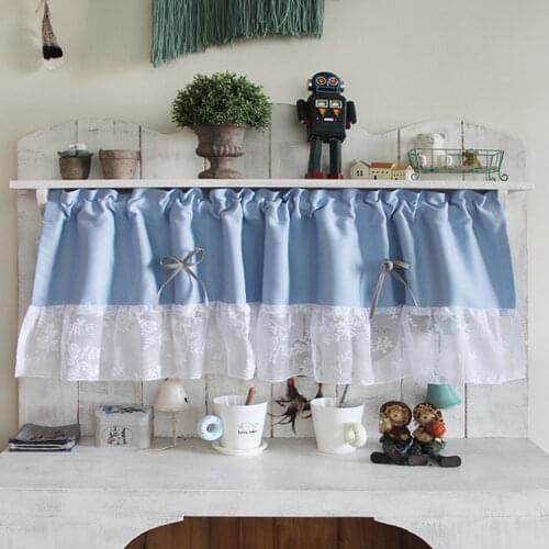 American Short Curtains for Closet Bathroom Solid Coffee Door Kitchen Curtain Blue Green Half Curtain with Lace Window Valance