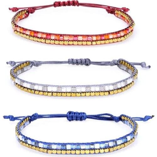 Bohemian Hand-Made Beaded Bracelet For Woman Girl Wax Line Crystal Bracelets Wristband Adjustable Rope Bangles Jewelry