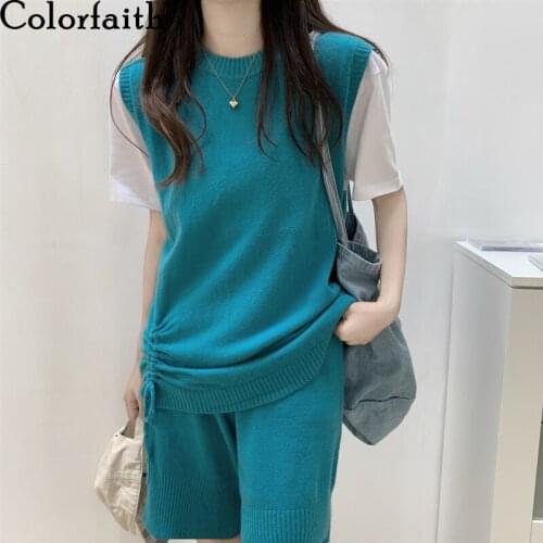 Colorfaith 2021 New Summer Autumn Women Sets 2 Piece Outfits Matching Short Knitted High Waist Korean Oversize Lady Suit WS1310